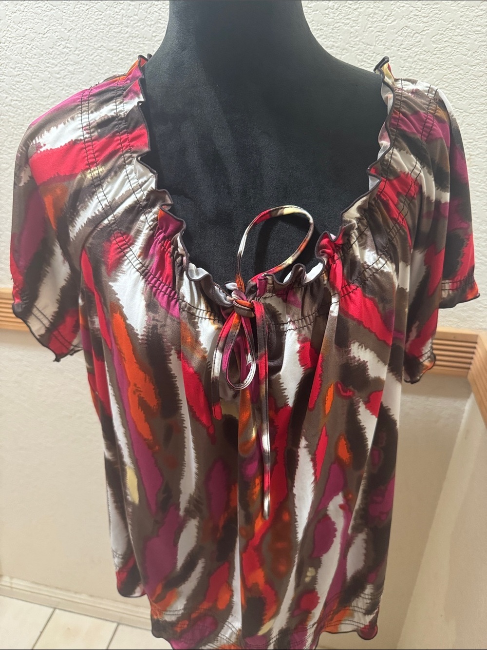 Zac & Rachel Women's Multicolor Ruffle Tie-Neck Blouse Size XL